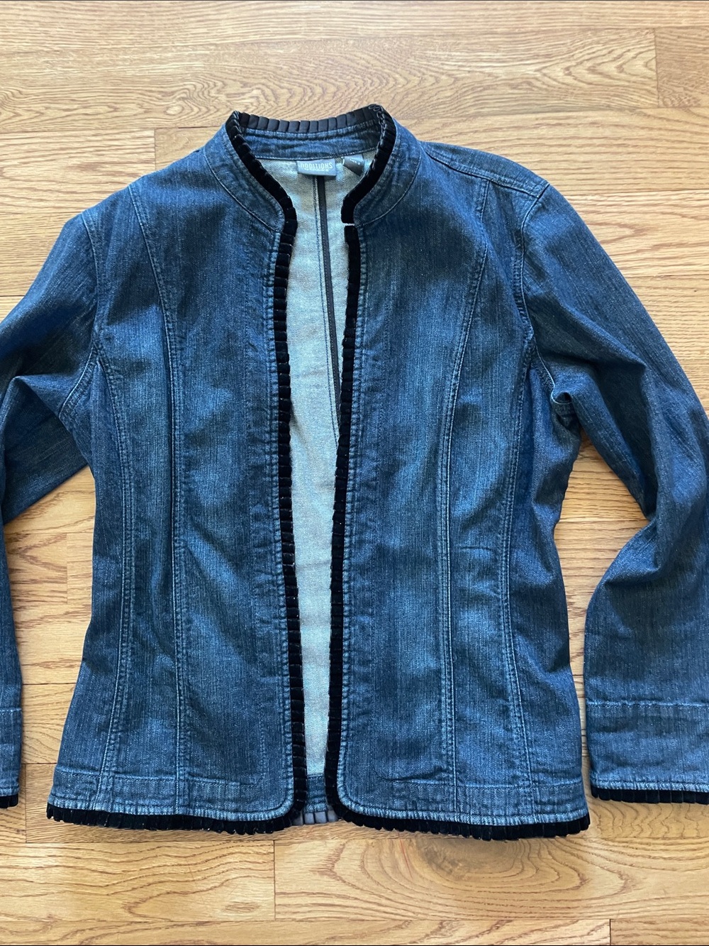 Chico's Dark Blue Denim Jacket with Black Trim